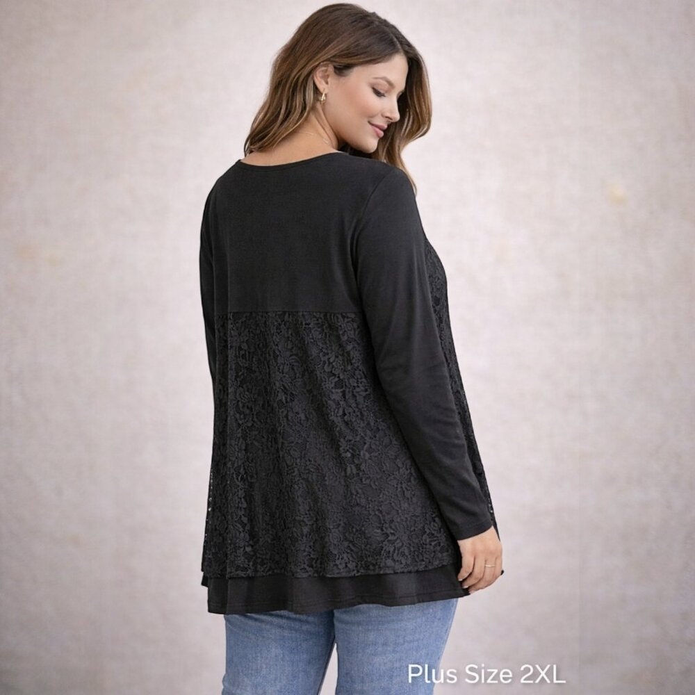 Women's Black Lace Tunic Top Basic Flowy Long Sleeve Blouse Plus & Regular Size - Picture 2 of 5